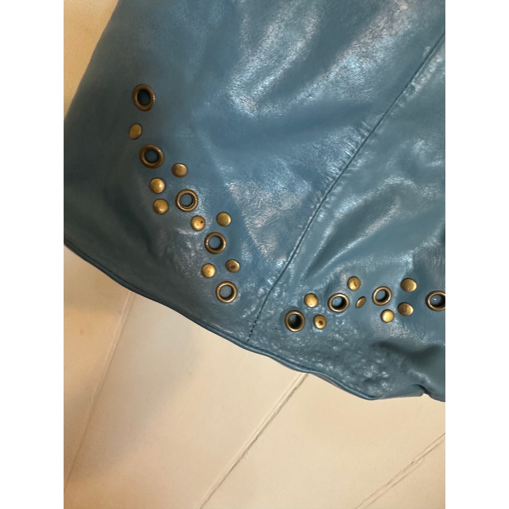 Slouchy Blue Hobo Leather Studded Grommet Shoulder Bag Tote Brass Hardware - Picture 2 of 7